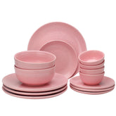Handcrafted Ceramic Stoneware Dinner Set Of 14 Pieces With Serving Bowl Set - Pastel Pink | 4 Dinner Plates + 4 Small Plates + 4 Dinner Bowl, 180ml Each+ 2 Serving Bowl, 1000ml Each - Microwave Safe